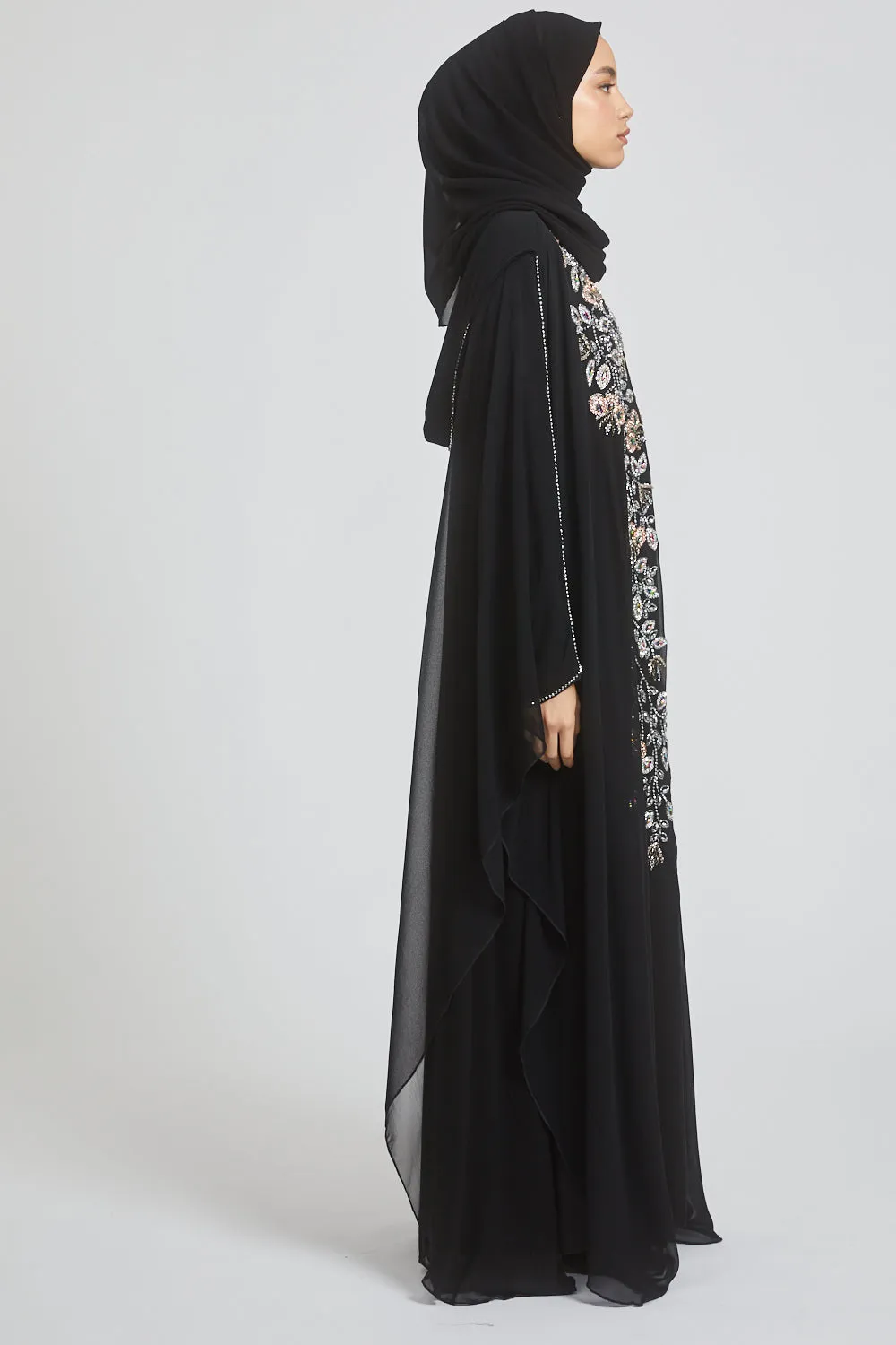 Premium Black Embellished Chiffon Open Farasha with Hood - Biloba