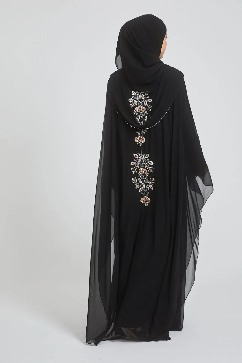 Premium Black Embellished Chiffon Open Farasha with Hood - Biloba