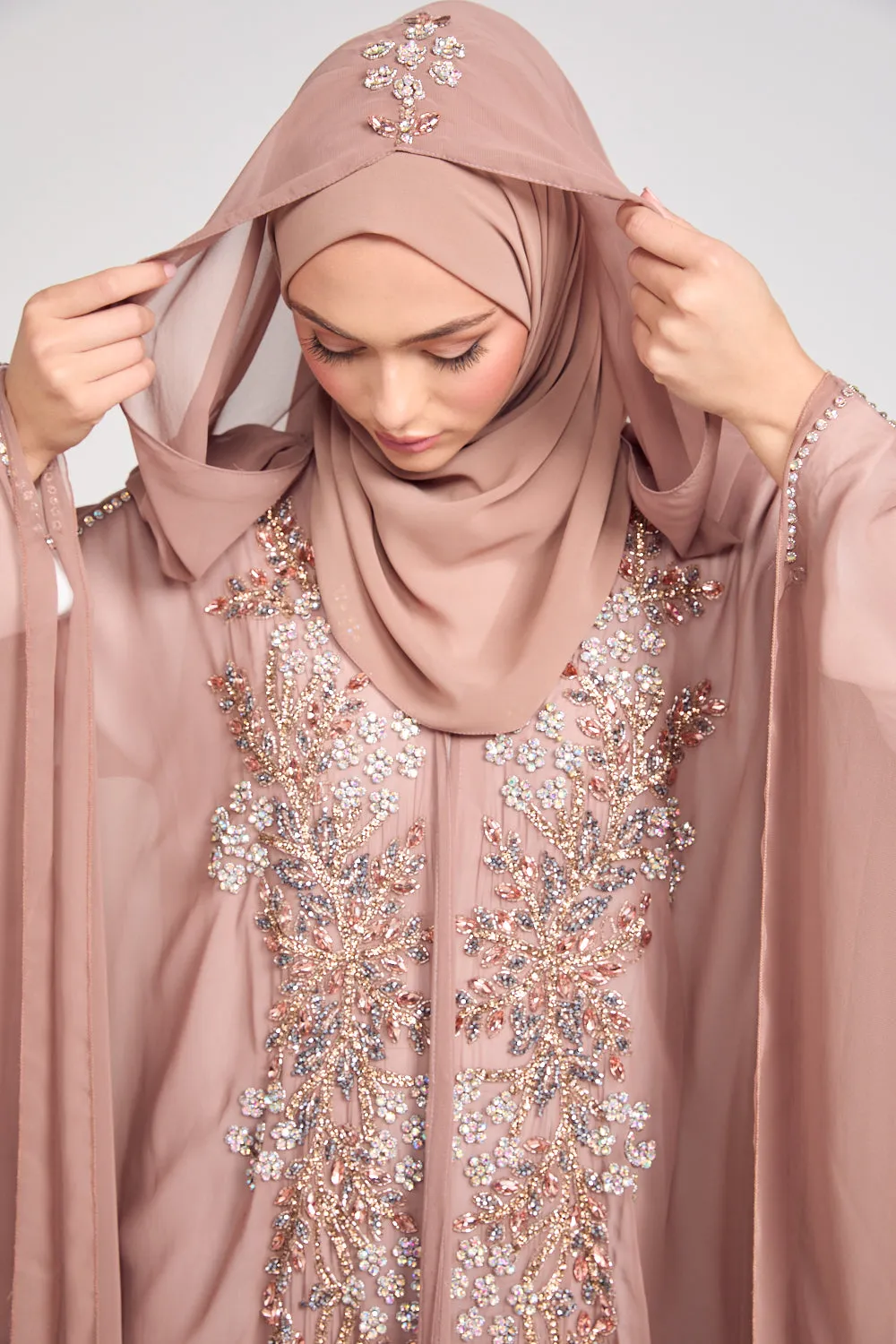 Premium Embellished Chiffon Open Farasha with Hood - Mahogany Rose