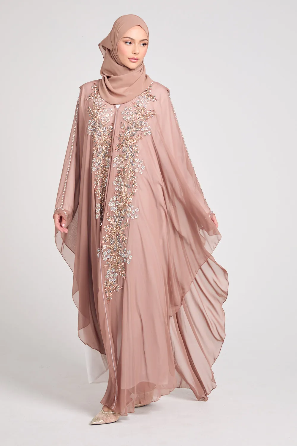 Premium Embellished Chiffon Open Farasha with Hood - Mahogany Rose