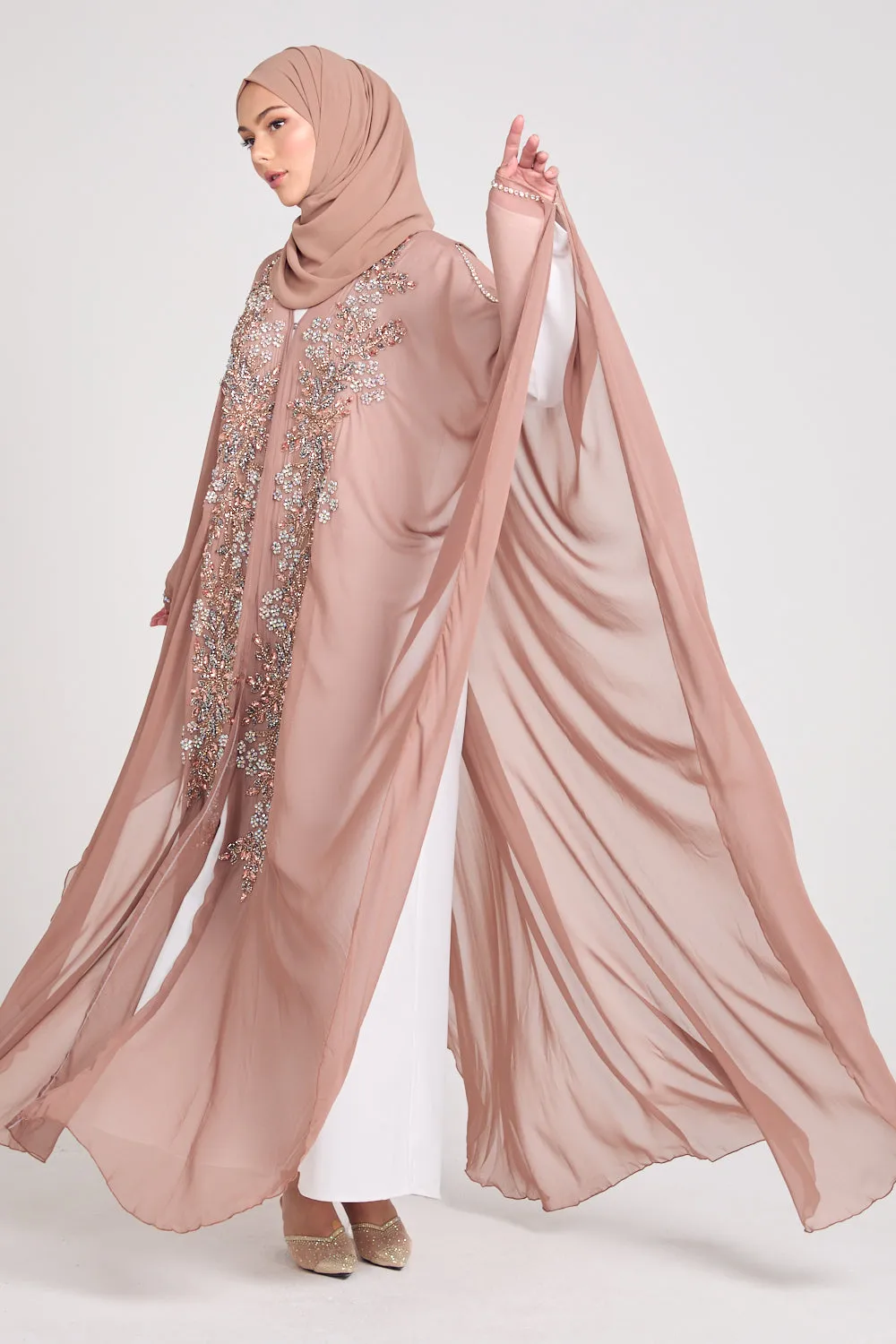 Premium Embellished Chiffon Open Farasha with Hood - Mahogany Rose