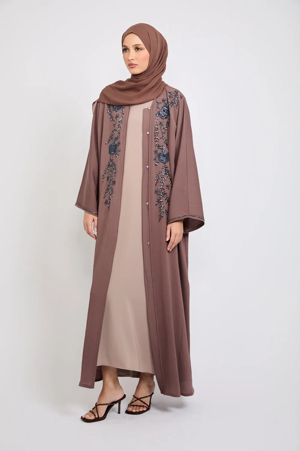 Premium Textured Embellished Open Abaya - Nutmeg