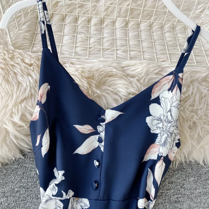 Printed V-neck Strap Beach Dress