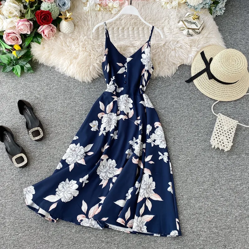 Printed V-neck Strap Beach Dress
