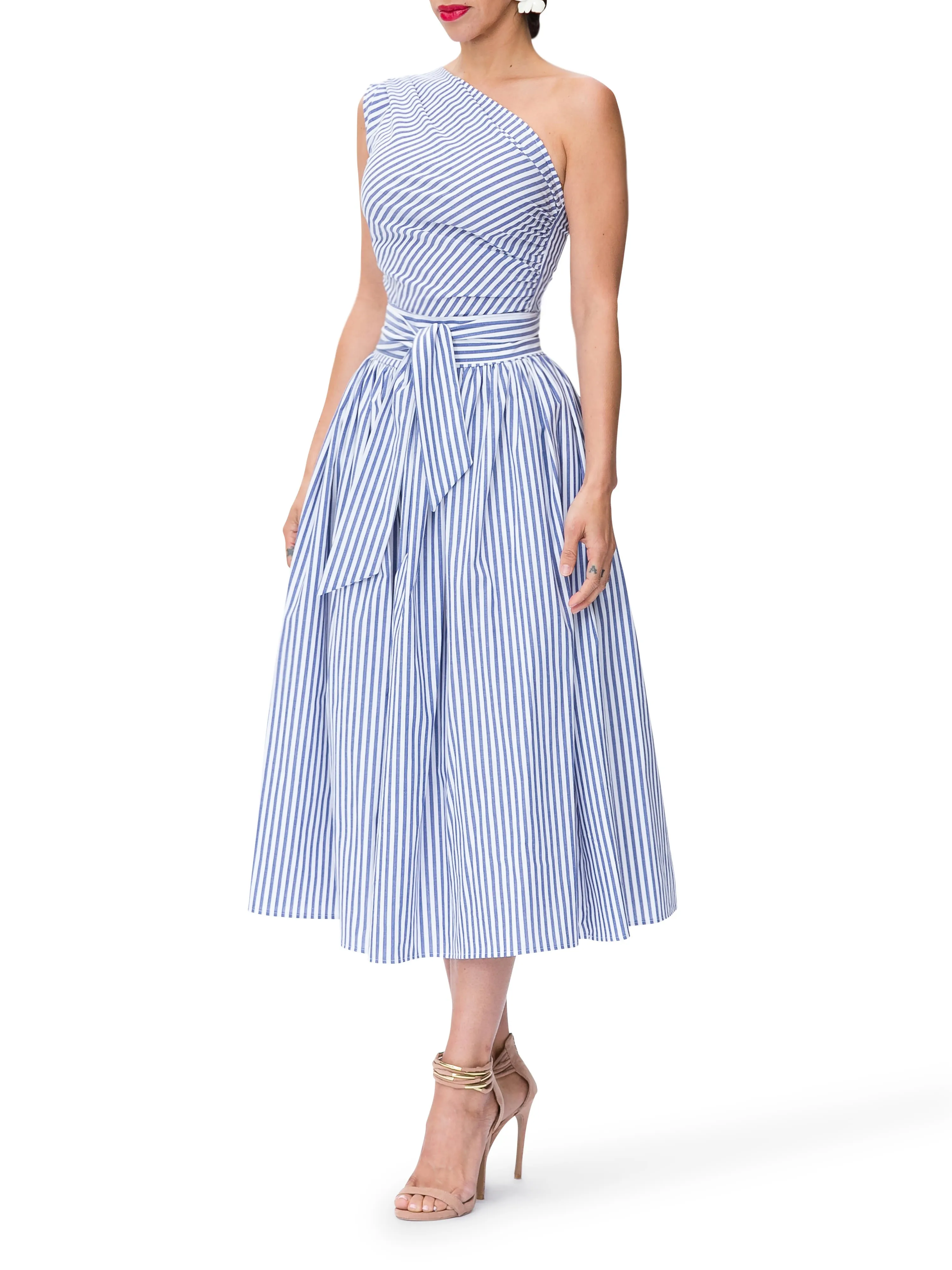 "Monaco" Striped One Shoulder Midi Dress