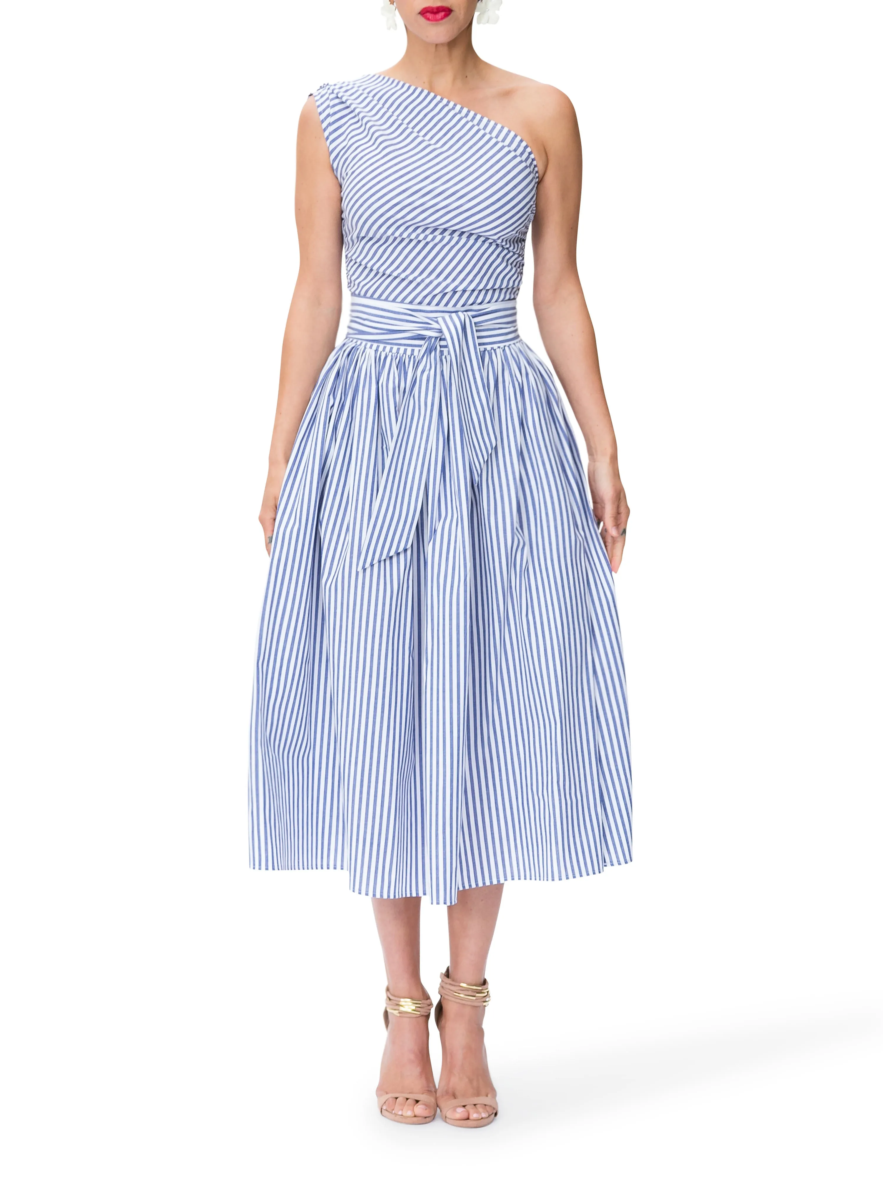 "Monaco" Striped One Shoulder Midi Dress
