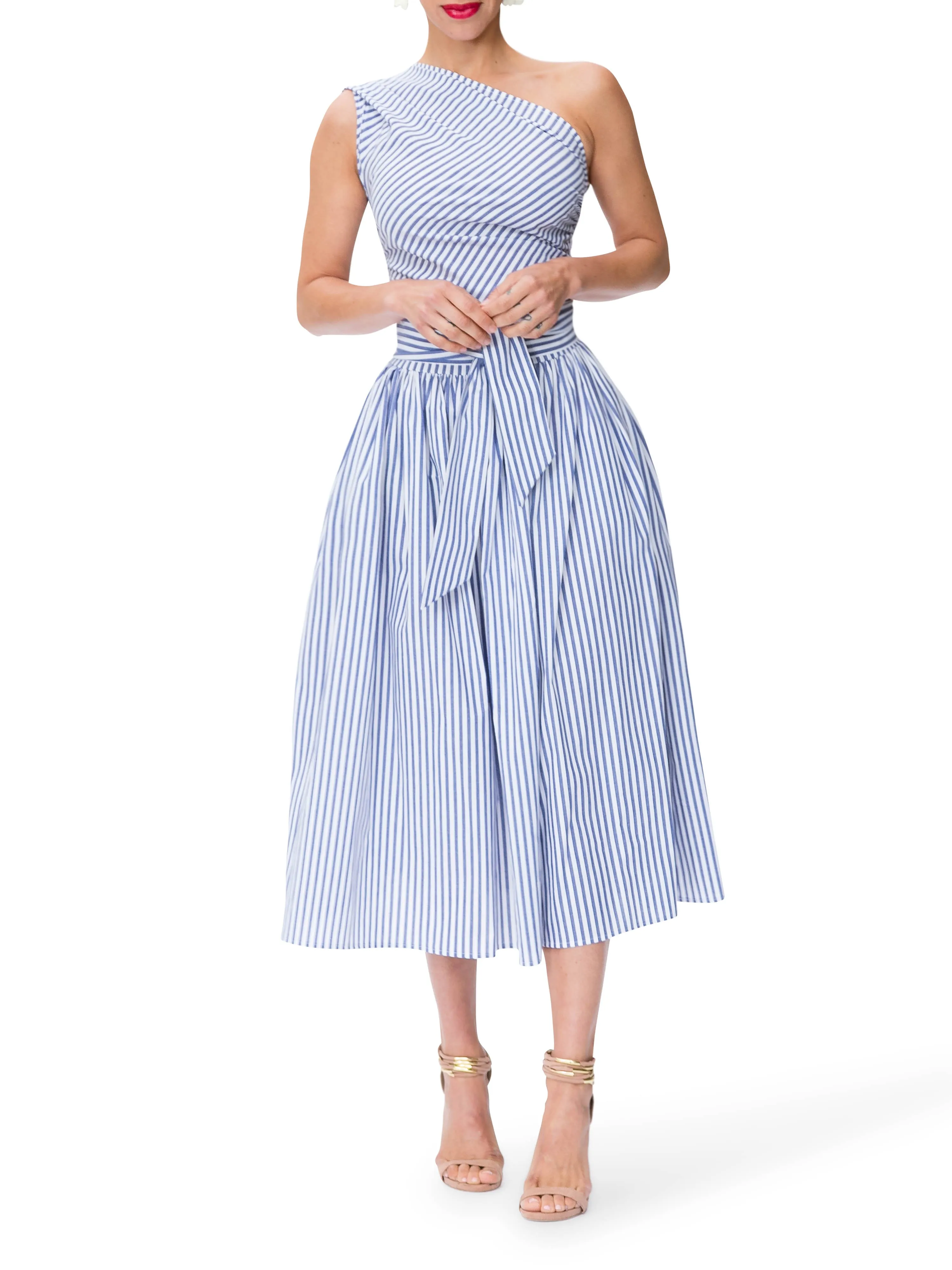 "Monaco" Striped One Shoulder Midi Dress