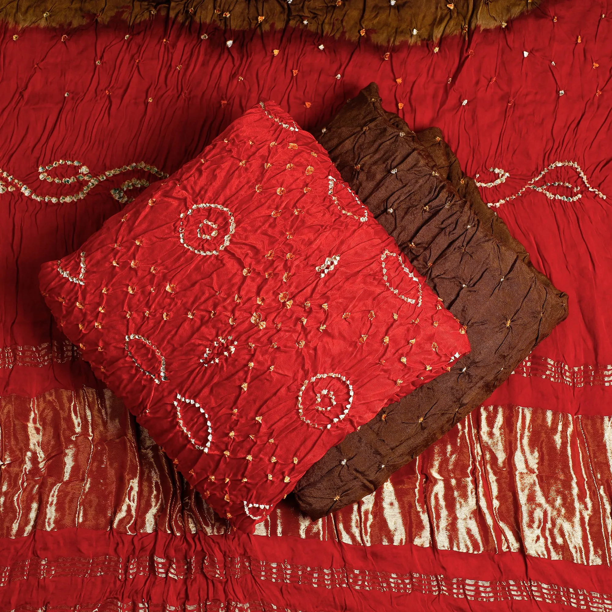 Red - 3pc Kutch Bandhani Modal Silk Lagdi Patta Suit Material Set