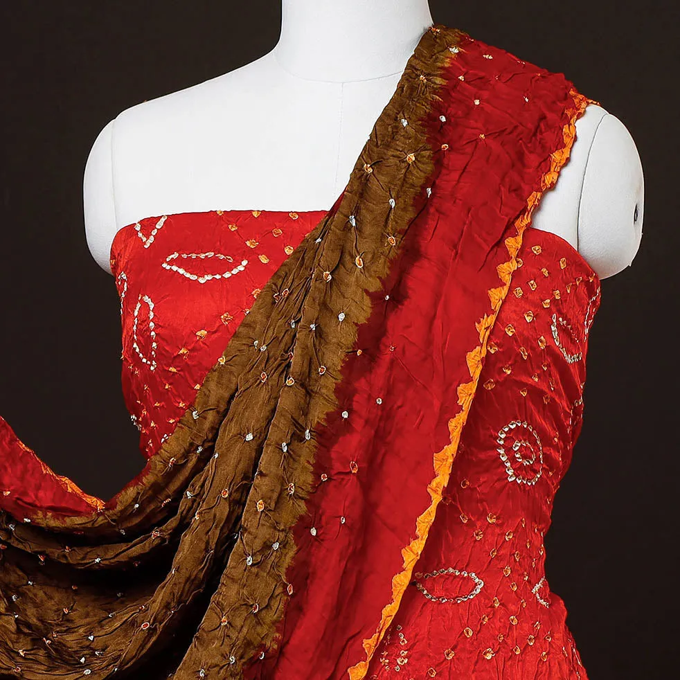 Red - 3pc Kutch Bandhani Modal Silk Lagdi Patta Suit Material Set