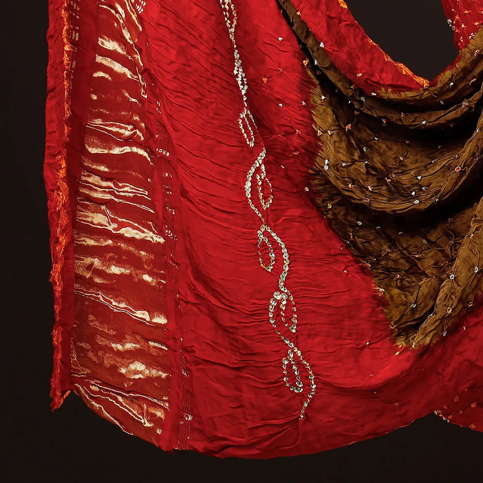 Red - 3pc Kutch Bandhani Modal Silk Lagdi Patta Suit Material Set