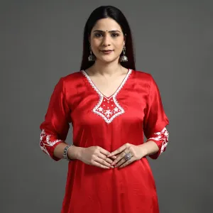 Red Modal Silk Noori Hand Embroidery Long Straight Kurta