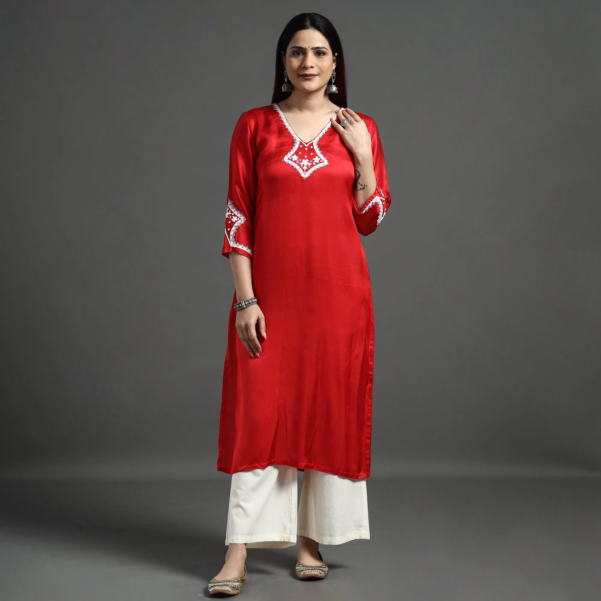 Red Modal Silk Noori Hand Embroidery Long Straight Kurta