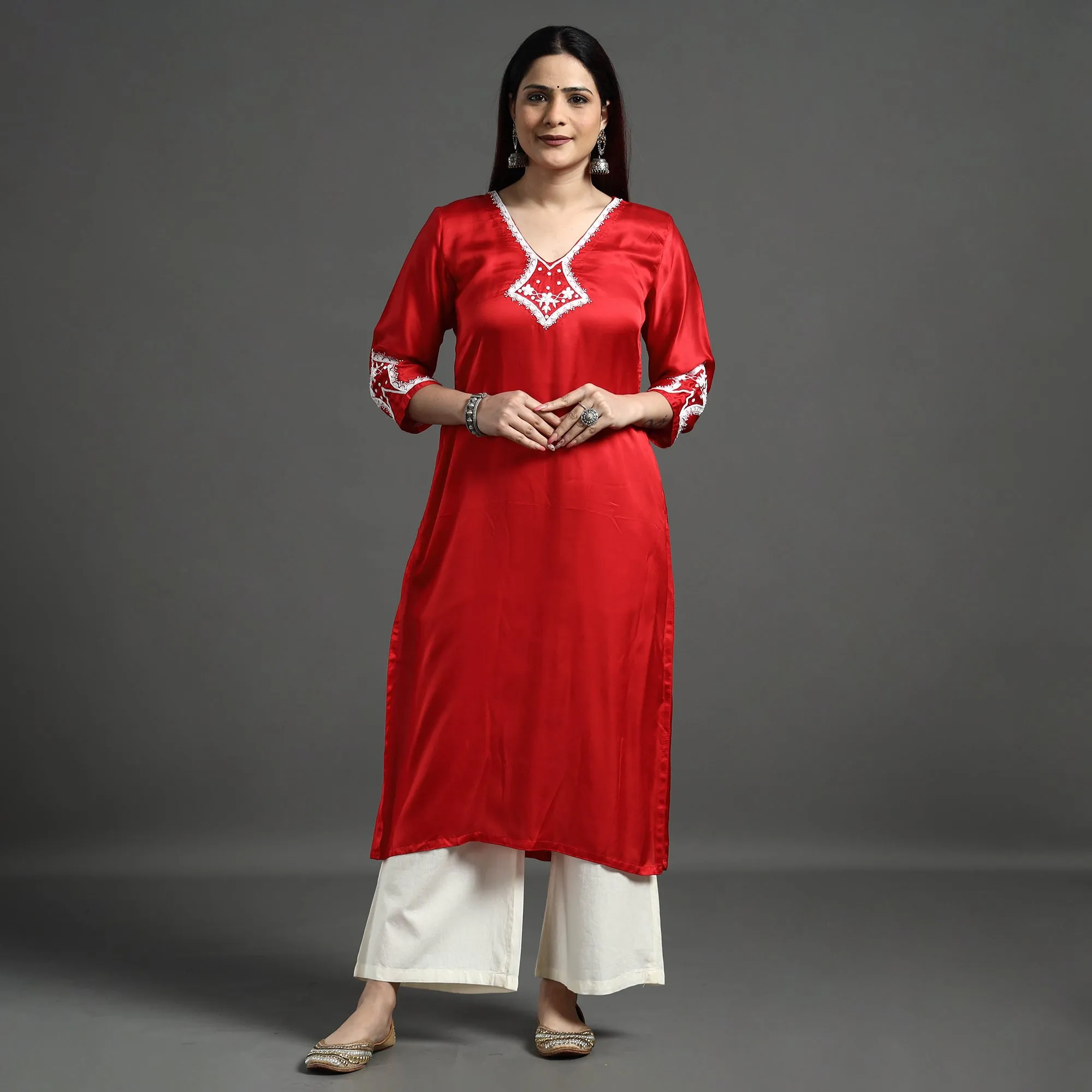 Red Modal Silk Noori Hand Embroidery Long Straight Kurta