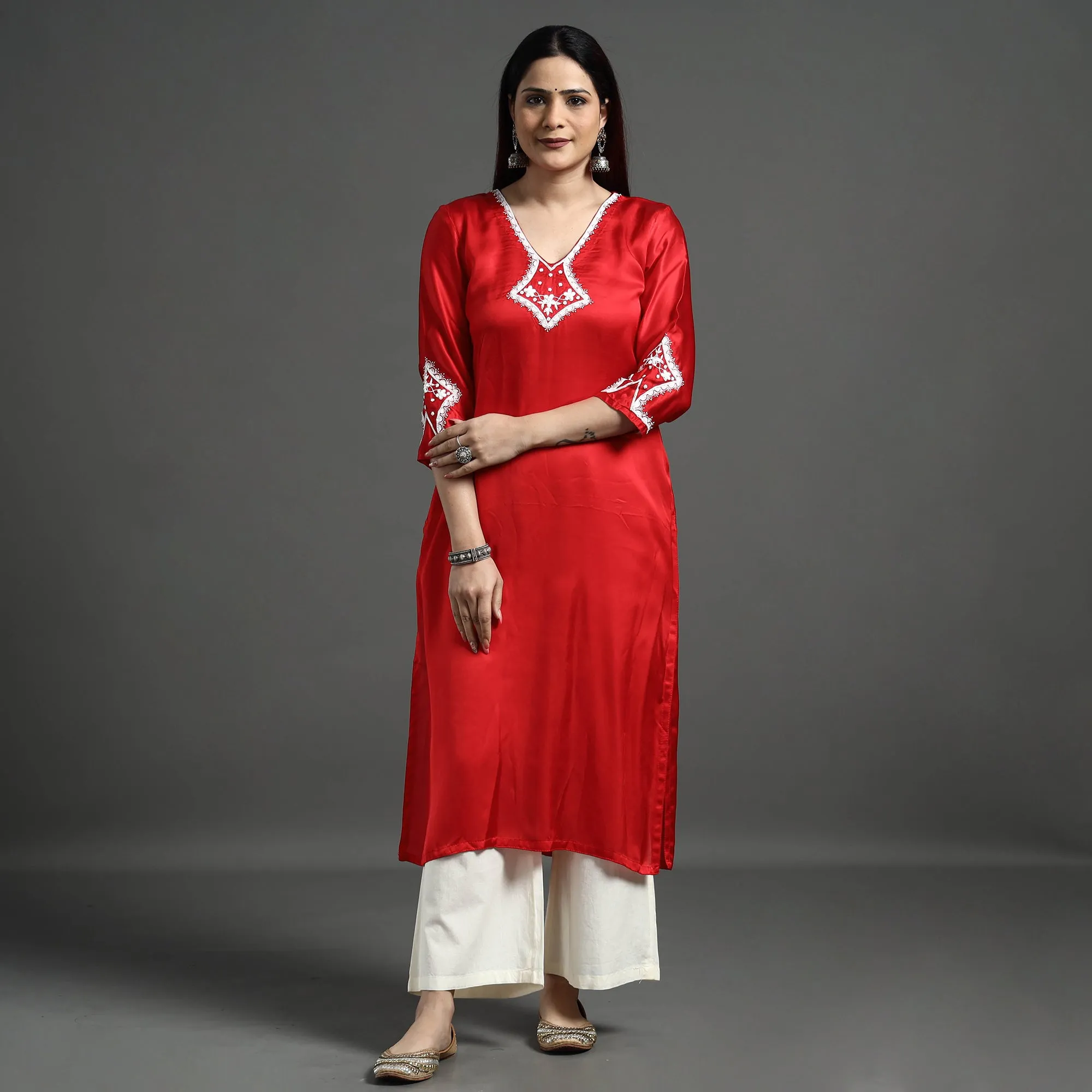 Red Modal Silk Noori Hand Embroidery Long Straight Kurta