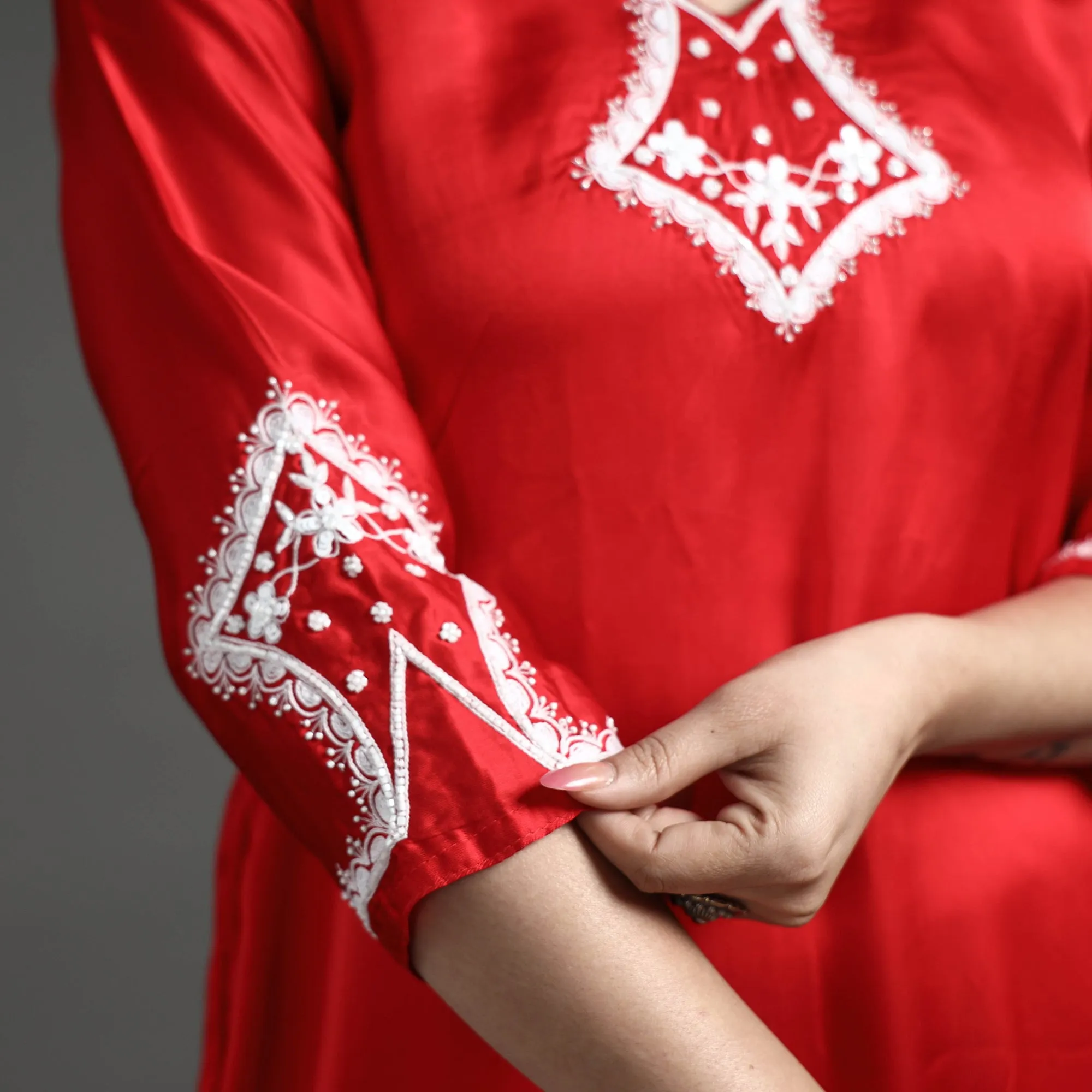Red Modal Silk Noori Hand Embroidery Long Straight Kurta
