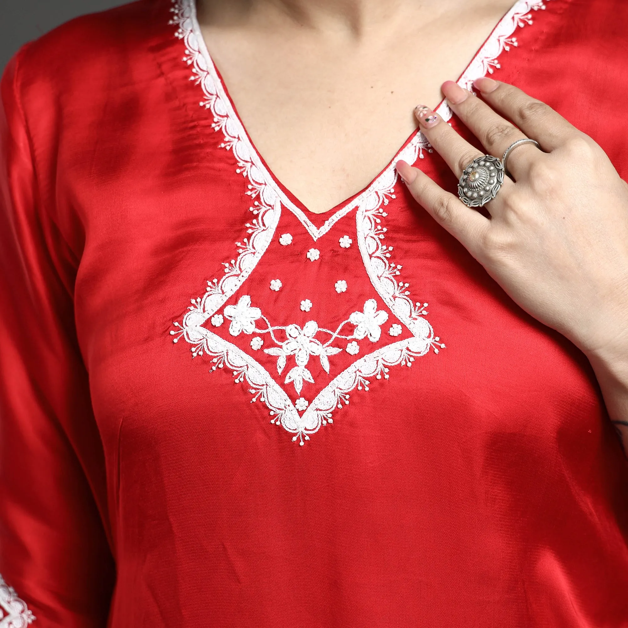 Red Modal Silk Noori Hand Embroidery Long Straight Kurta