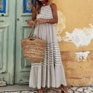 Sabrina - Grey Stripe Print Slip Maxi Holiday Beach Dress
