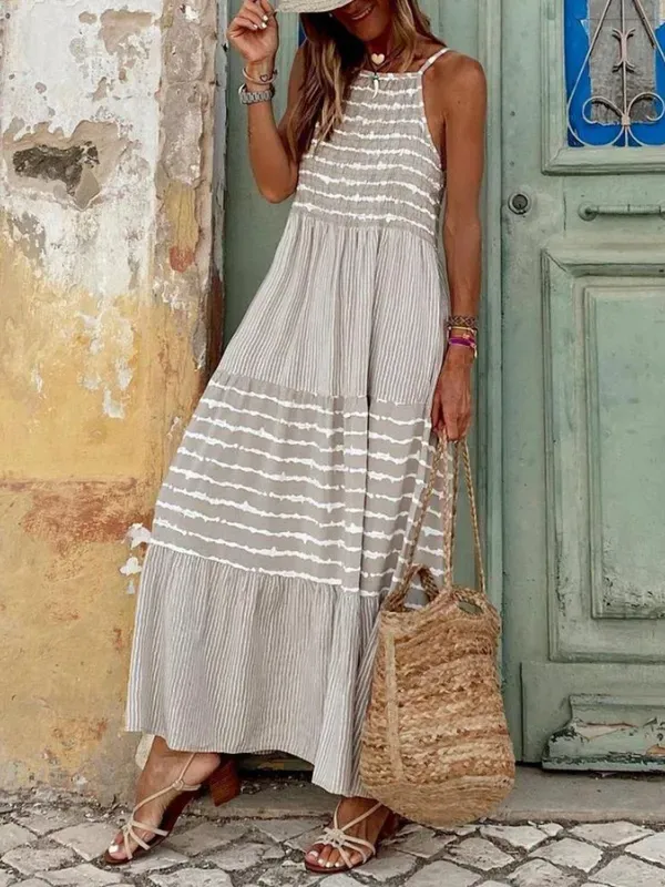 Sabrina - Grey Stripe Print Slip Maxi Holiday Beach Dress