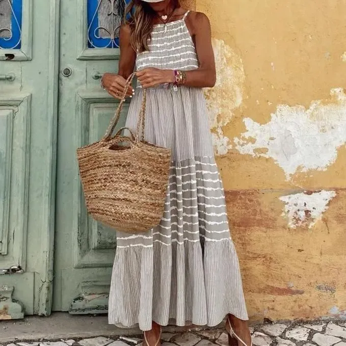 Sabrina - Grey Stripe Print Slip Maxi Holiday Beach Dress