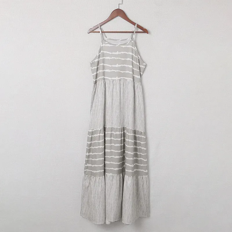 Sabrina - Grey Stripe Print Slip Maxi Holiday Beach Dress