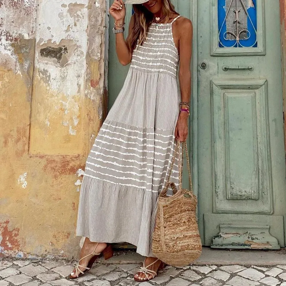 Sabrina - Grey Stripe Print Slip Maxi Holiday Beach Dress