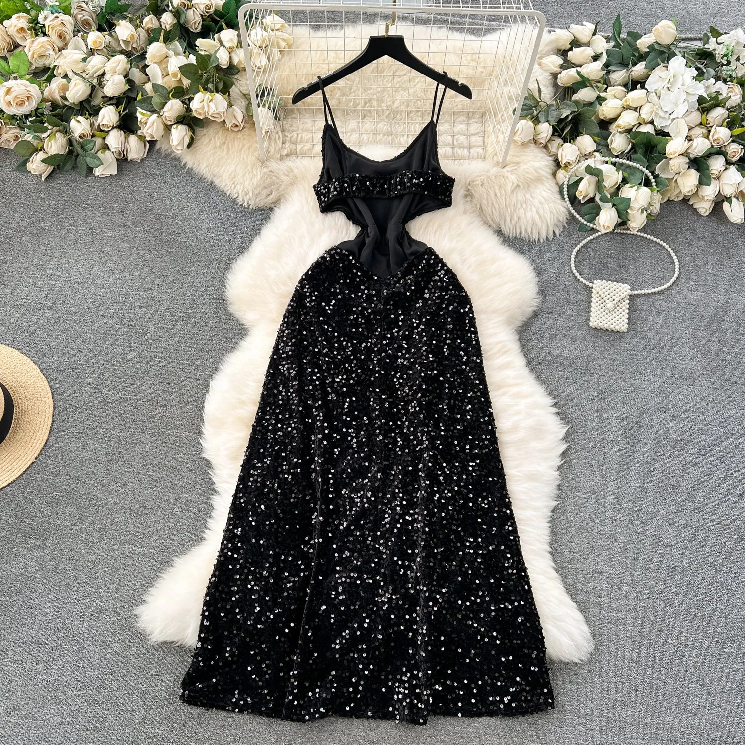 Sequined Backless Black Slip Dress