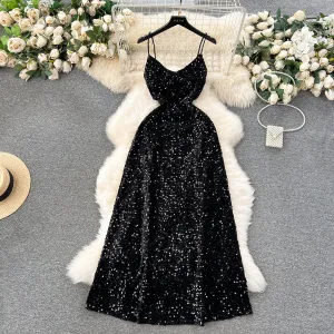 Sequined Backless Black Slip Dress