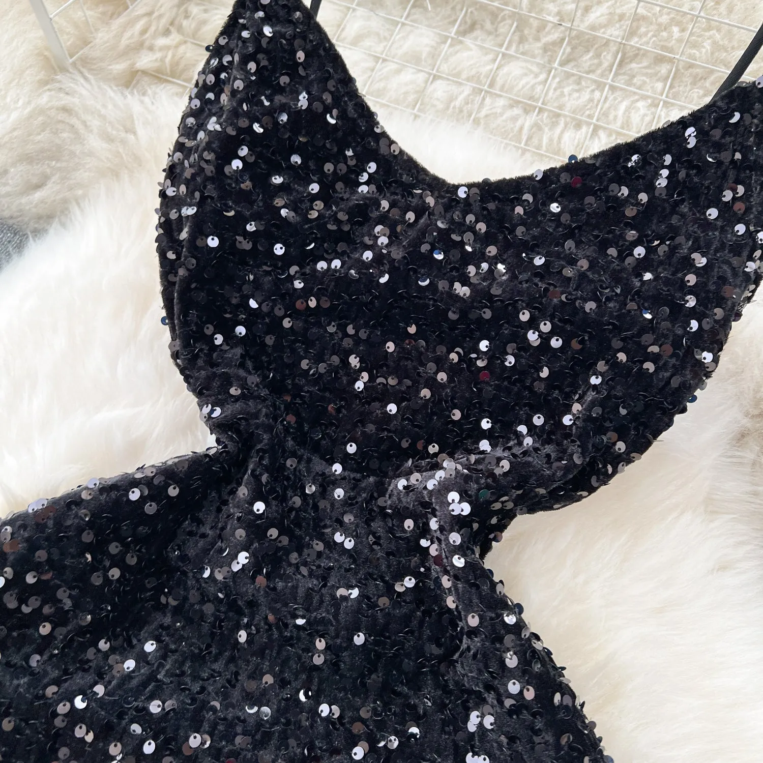 Sequined Backless Black Slip Dress