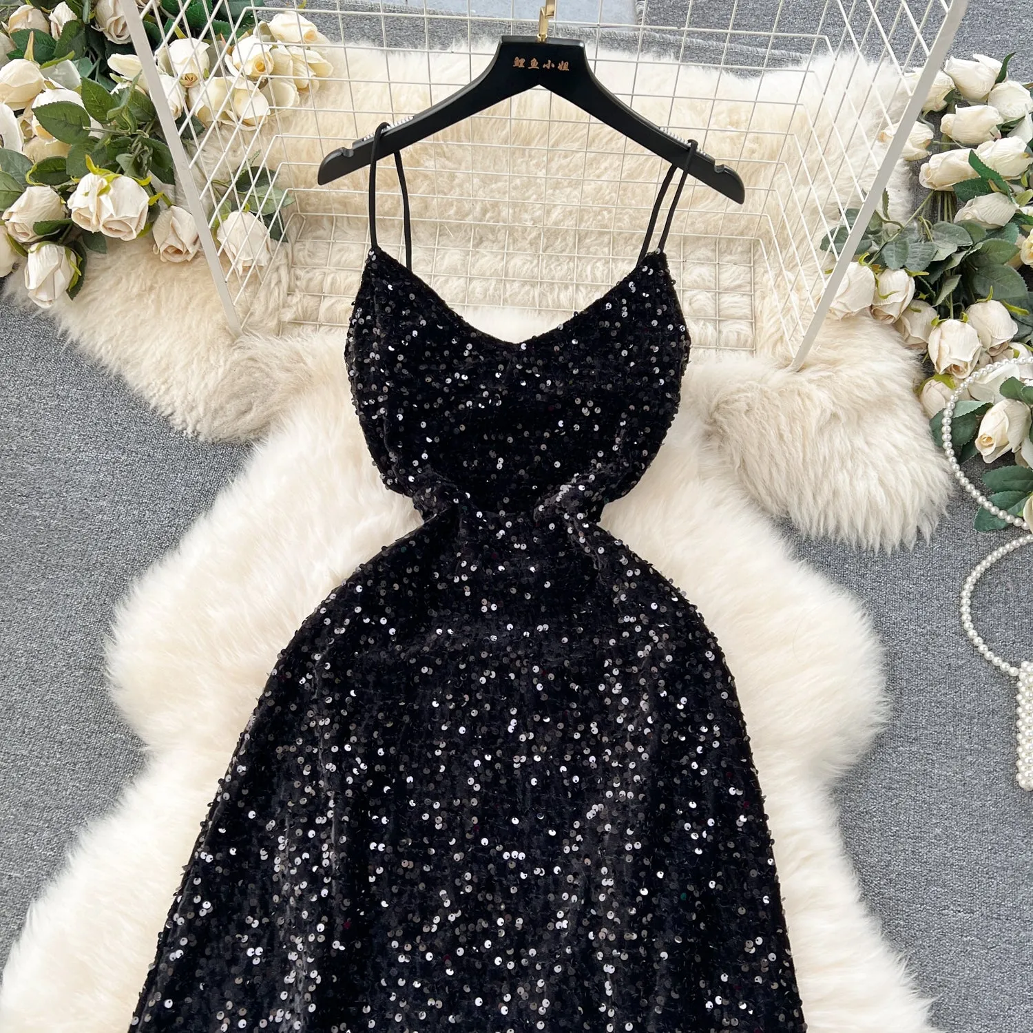 Sequined Backless Black Slip Dress
