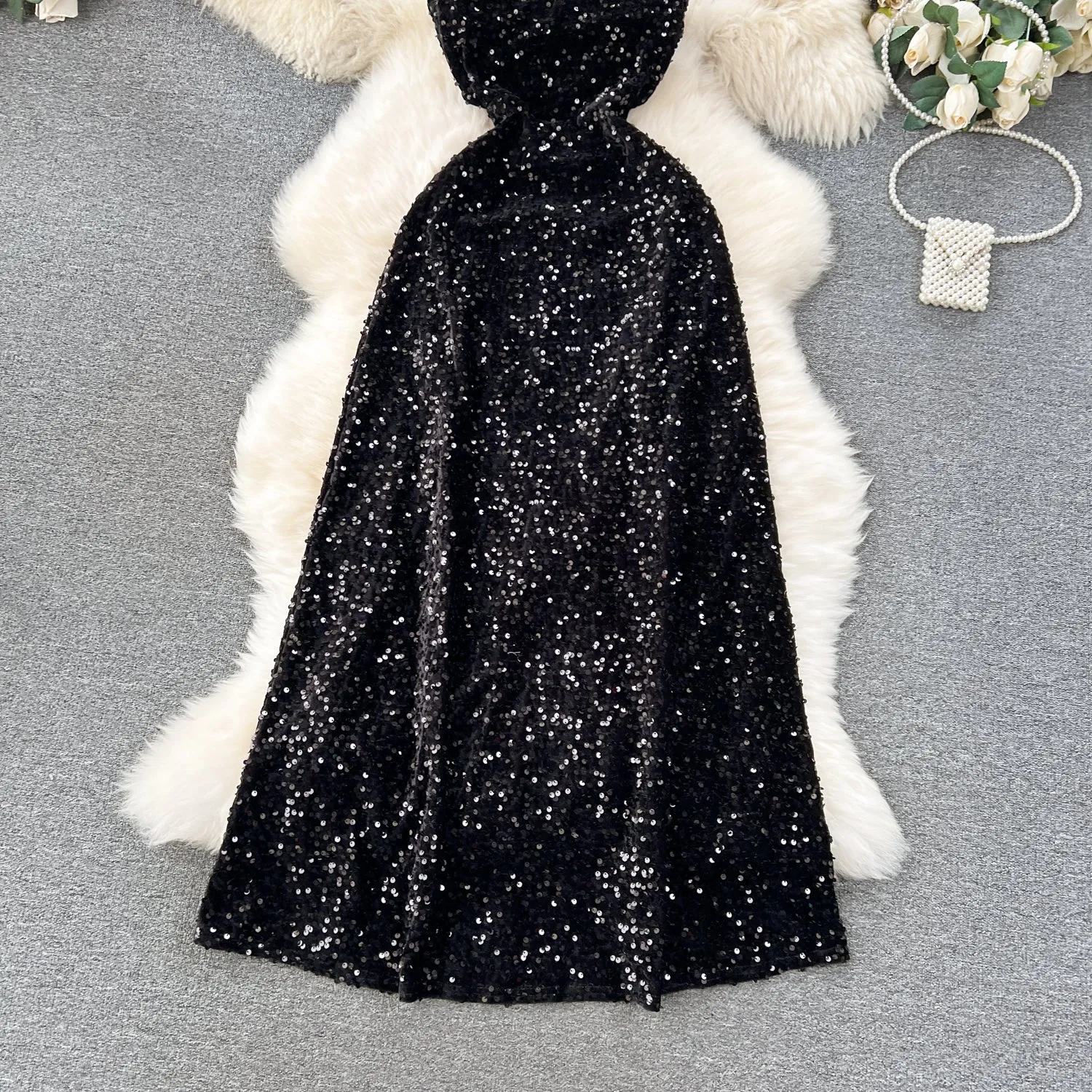 Sequined Backless Black Slip Dress