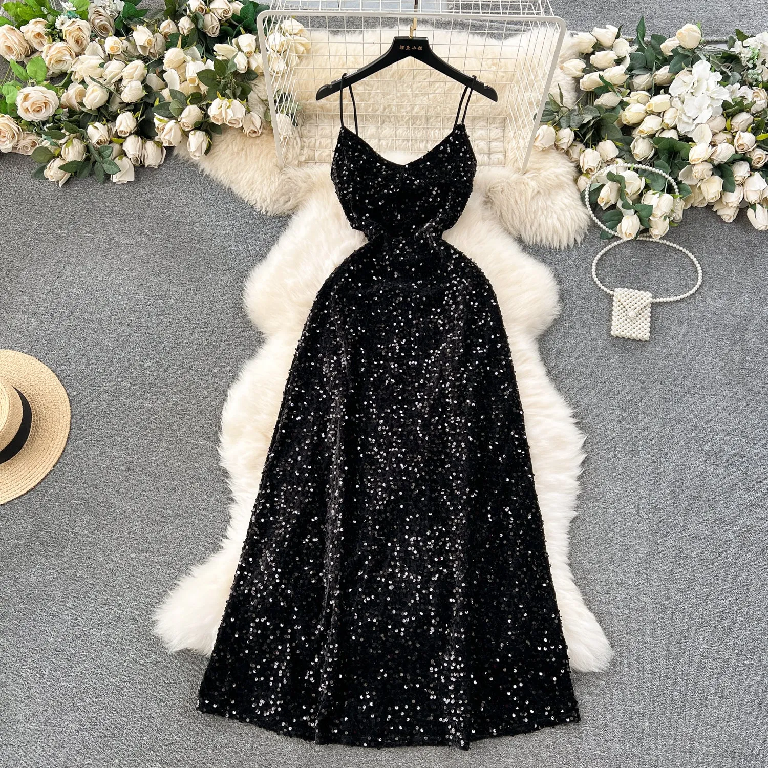Sequined Backless Black Slip Dress
