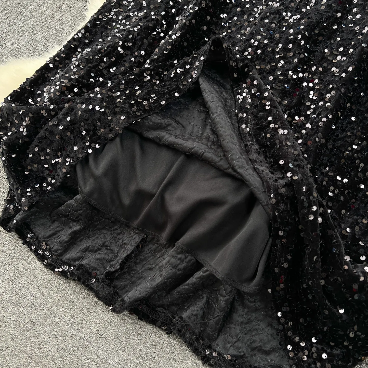 Sequined Backless Black Slip Dress