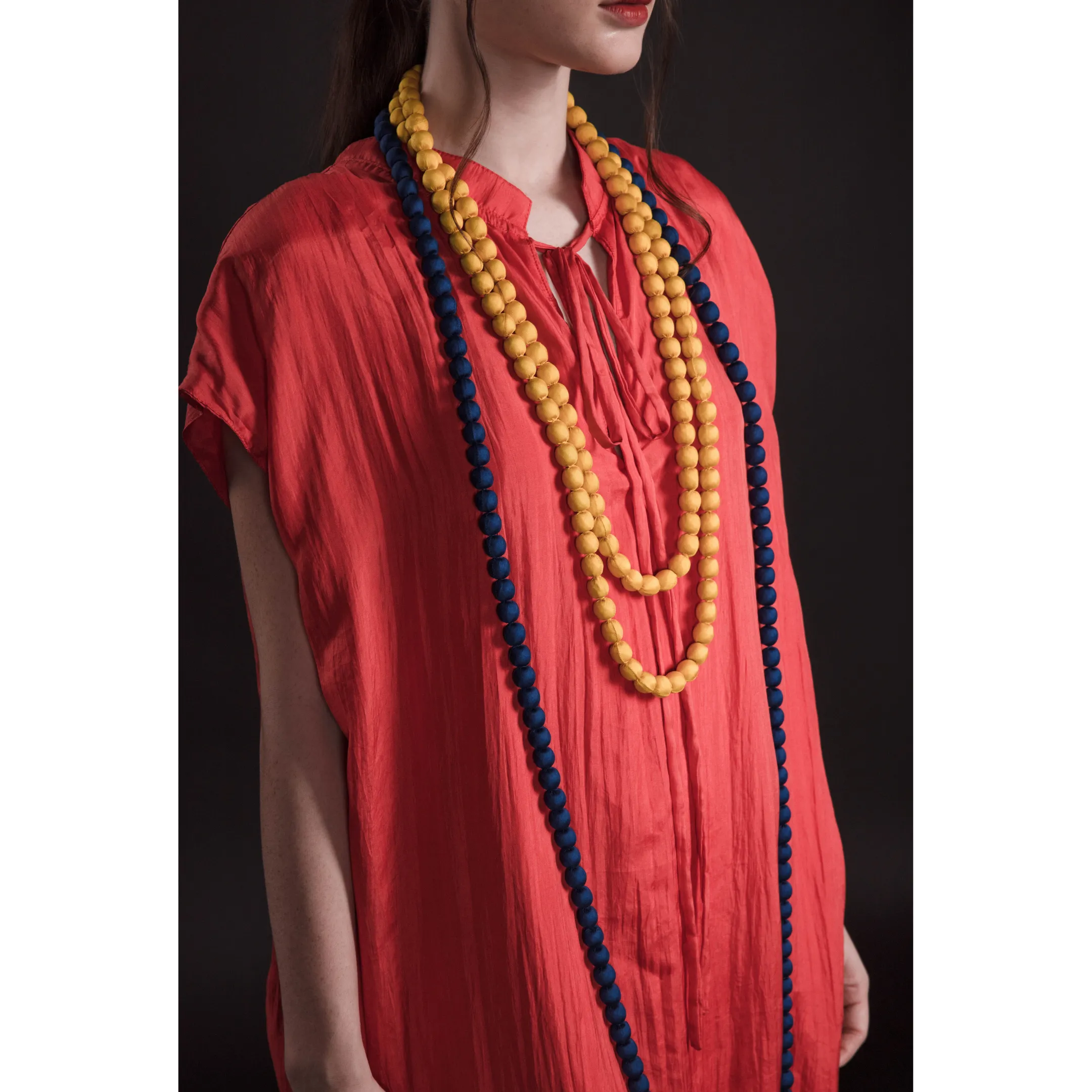Silk Dress Open Back Drawstrings Tie Midi- Khara - Red Dress