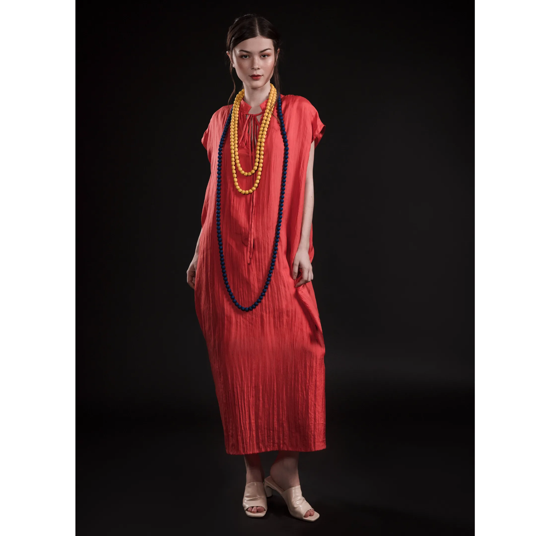 Silk Dress Open Back Drawstrings Tie Midi- Khara - Red Dress