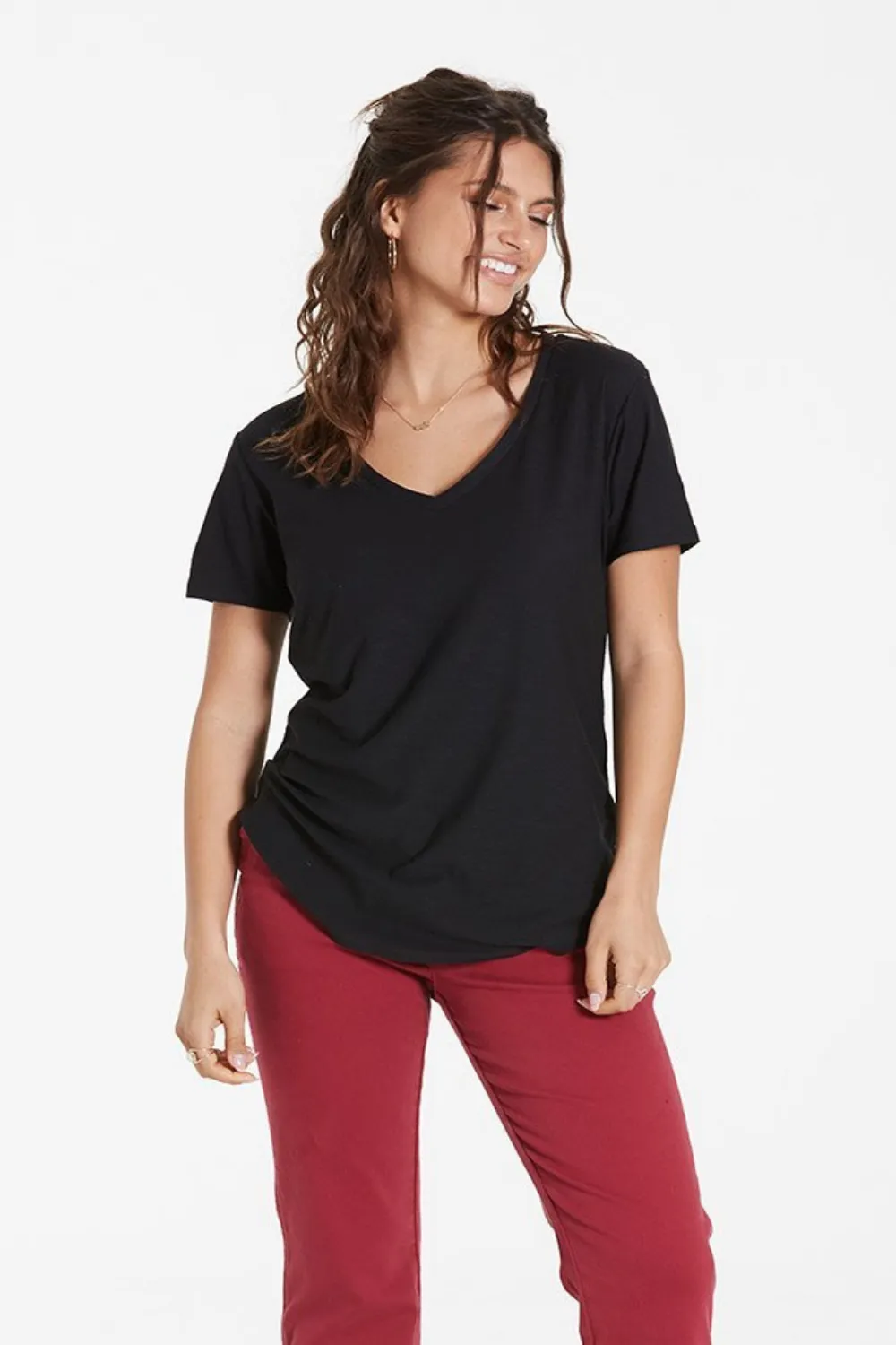 SLUB V-NECK TOP | BLACK