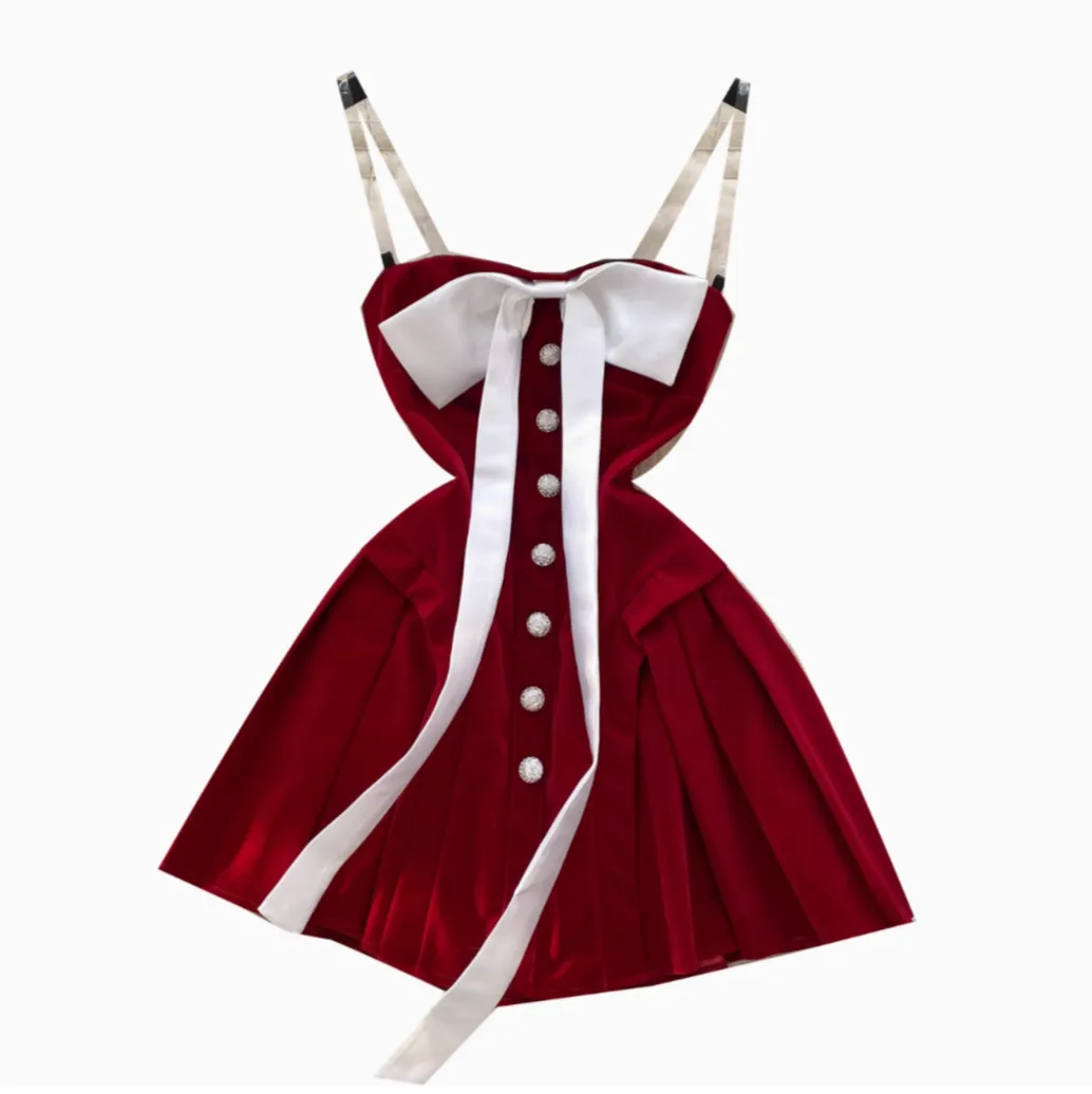 Strapless Color-blocking Bow Pleated Dress