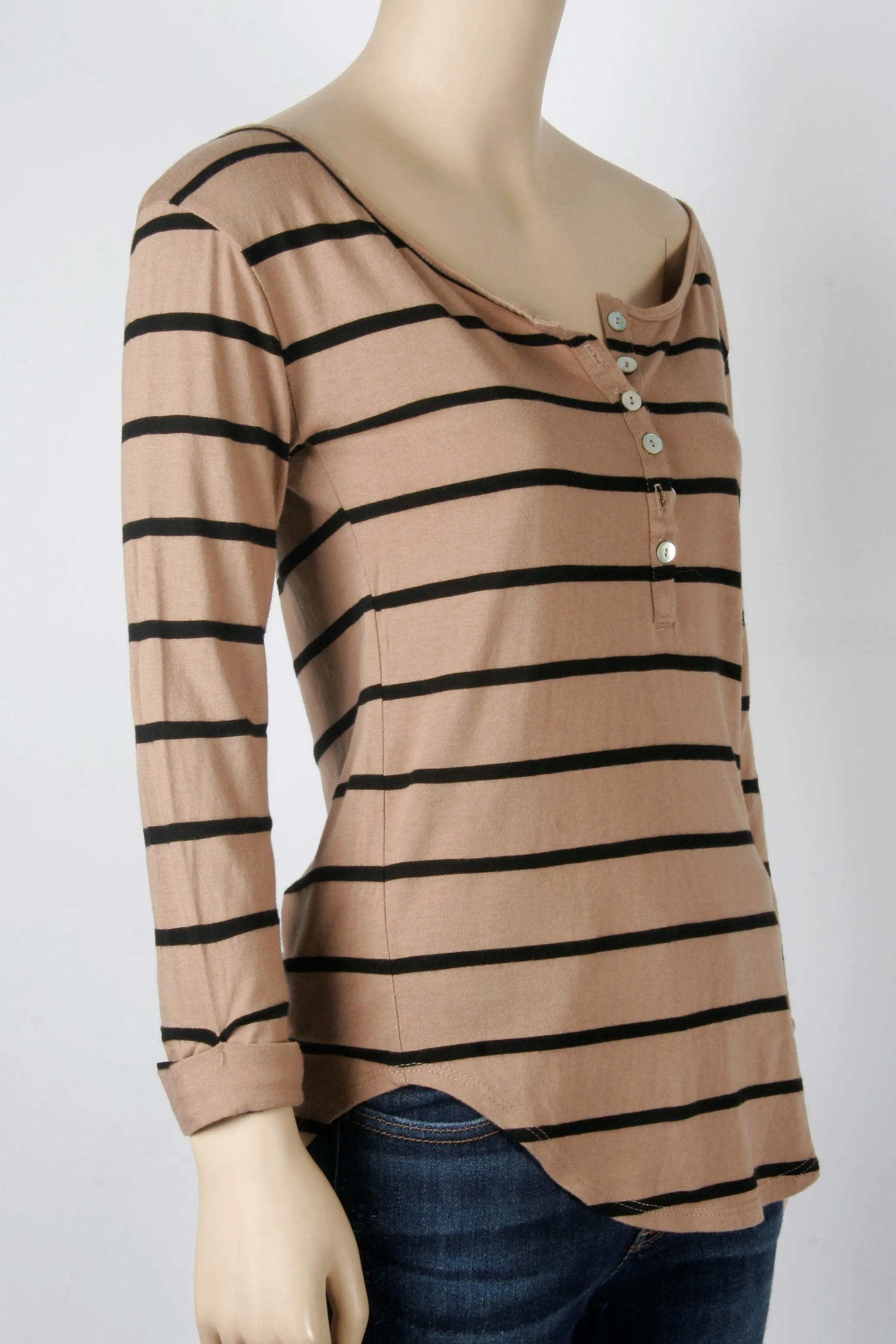 Stylemint Long Sleeve Taupe Striped Henley Tee-Stylemint Size 1 (Equiv. to Size 2/4)