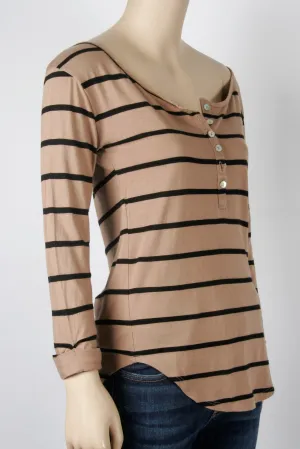 Stylemint Long Sleeve Taupe Striped Henley Tee-Stylemint Size 1 (Equiv. to Size 2/4)