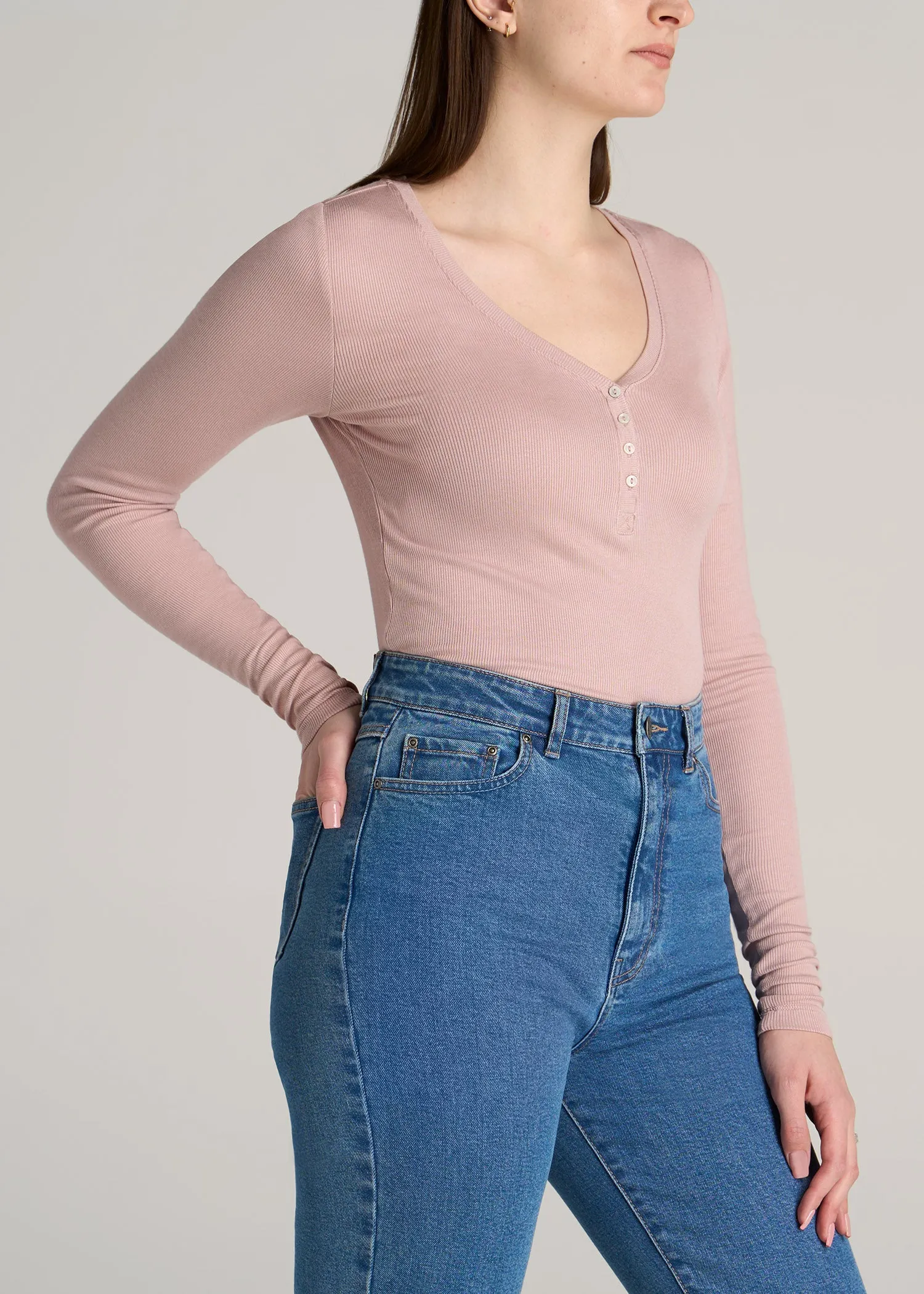 Tall Women's FITTED Ribbed Long Sleeve Henley in Ballerina Pink