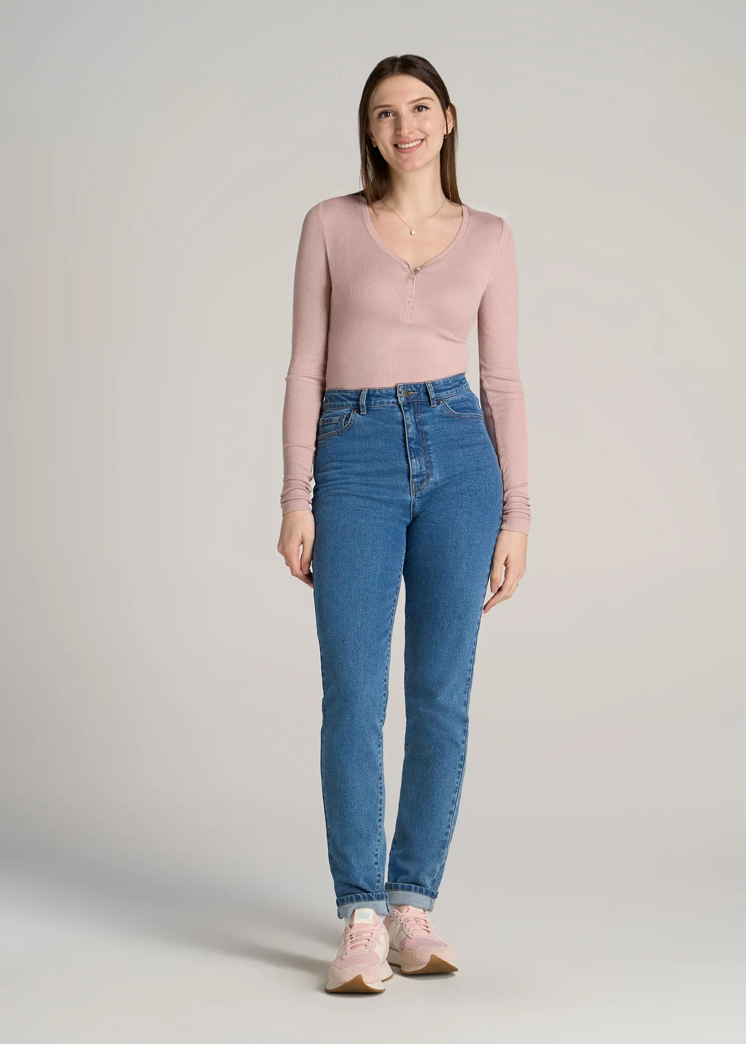 Tall Women's FITTED Ribbed Long Sleeve Henley in Ballerina Pink