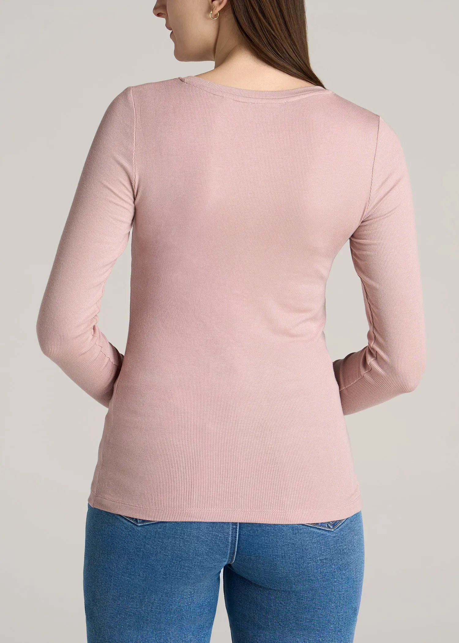 Tall Women's FITTED Ribbed Long Sleeve Henley in Ballerina Pink