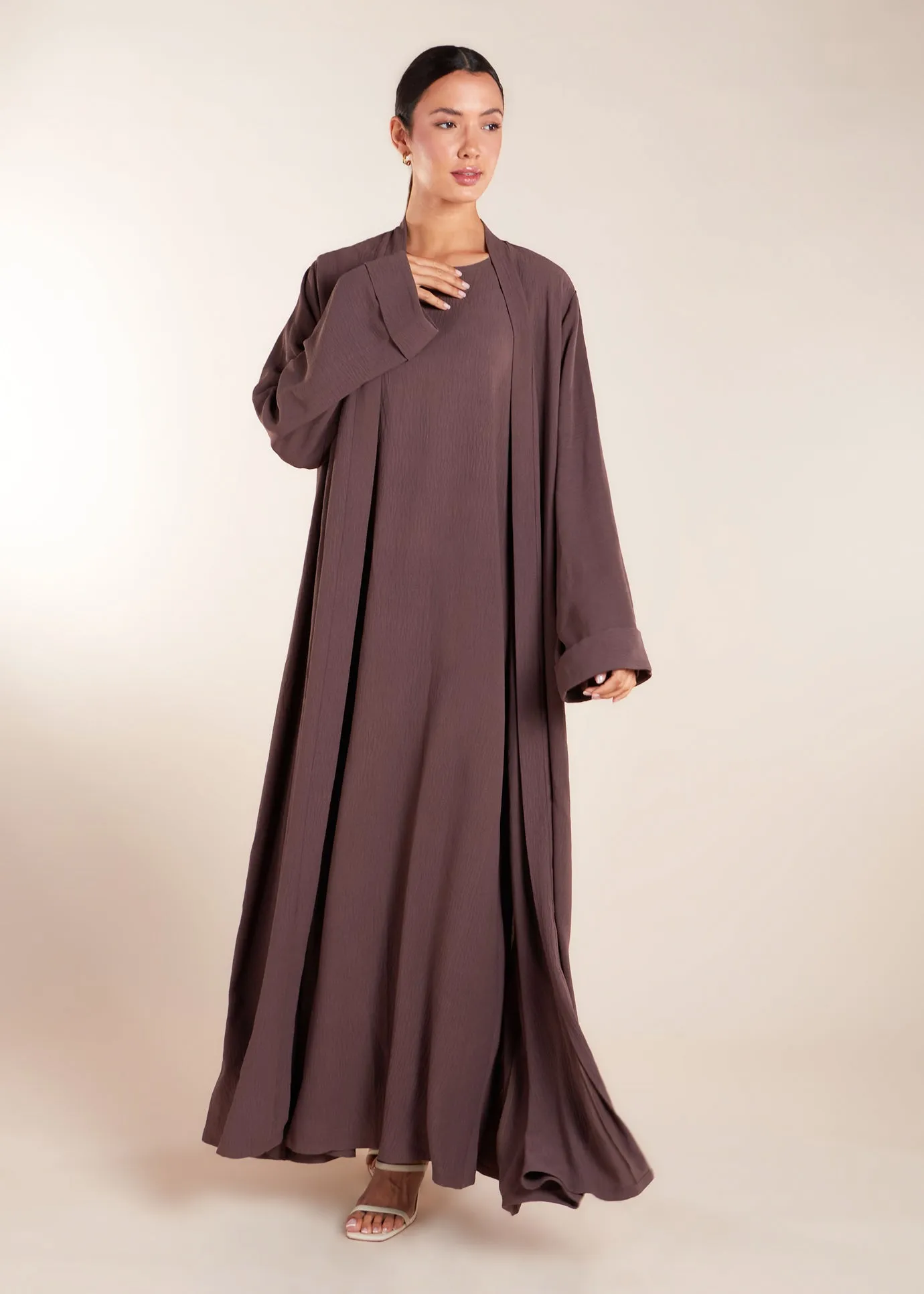 Two Piece Open Abaya with Slip Coffee