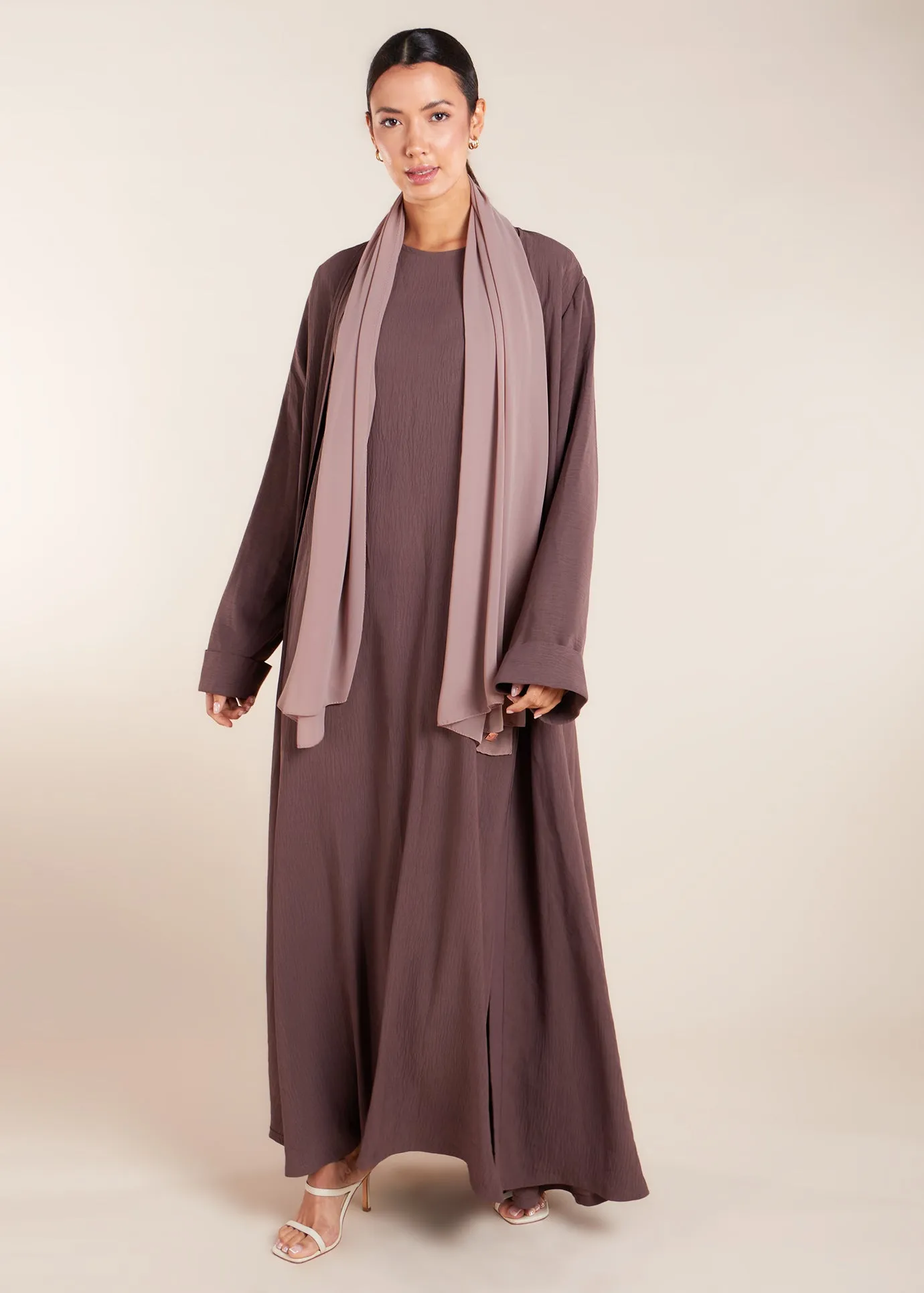 Two Piece Open Abaya with Slip Coffee