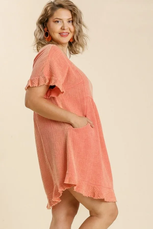 Umgee Mineral Washed Short Gauze Dress in Salmon