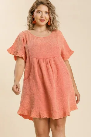Umgee Mineral Washed Short Gauze Dress in Salmon