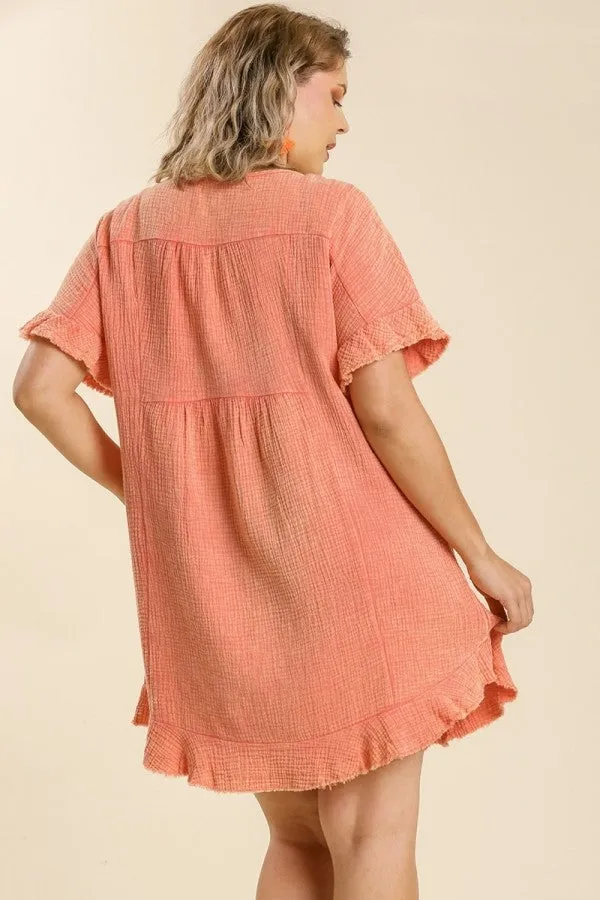 Umgee Mineral Washed Short Gauze Dress in Salmon