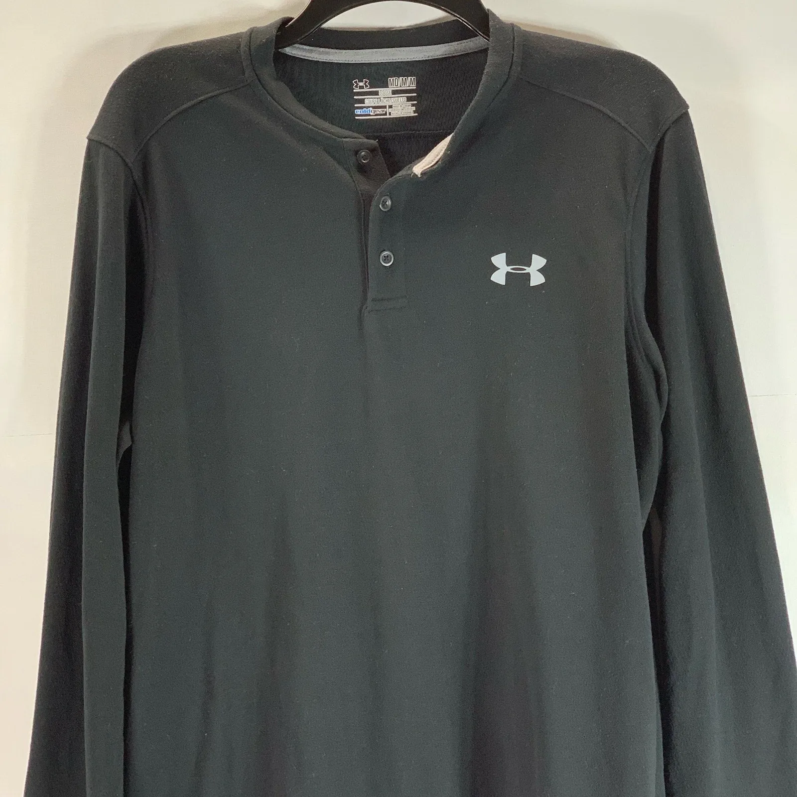 UNDER ARMOUR Men's Black ColdGear Loose-Fit Logo Infrared Henley Shirt SZ M