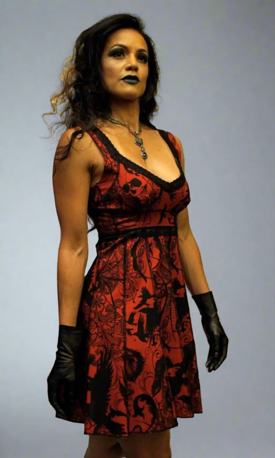 VINTAGE STYLE COCKTAIL DRESS - GOTHIC TATTOO PRINT - RED