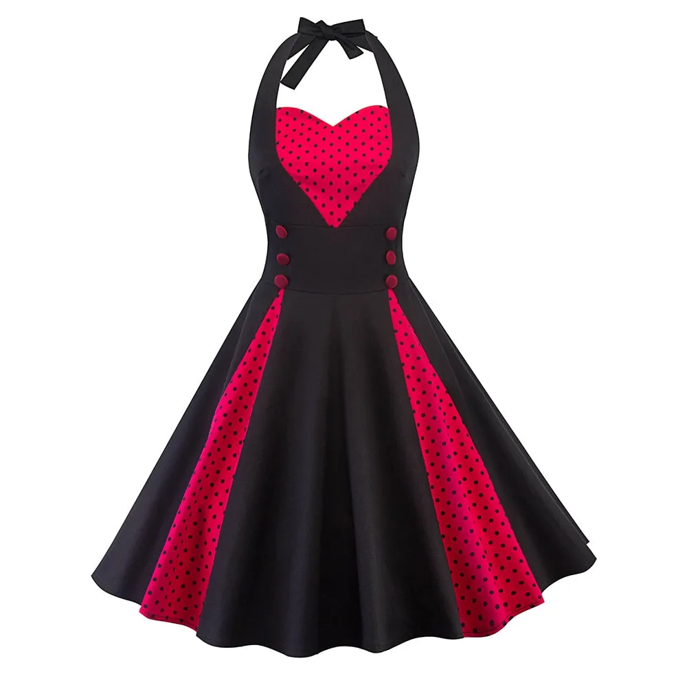 Vintage Trumpet Polka Dots Patchwork Lace-Up Retro Dress