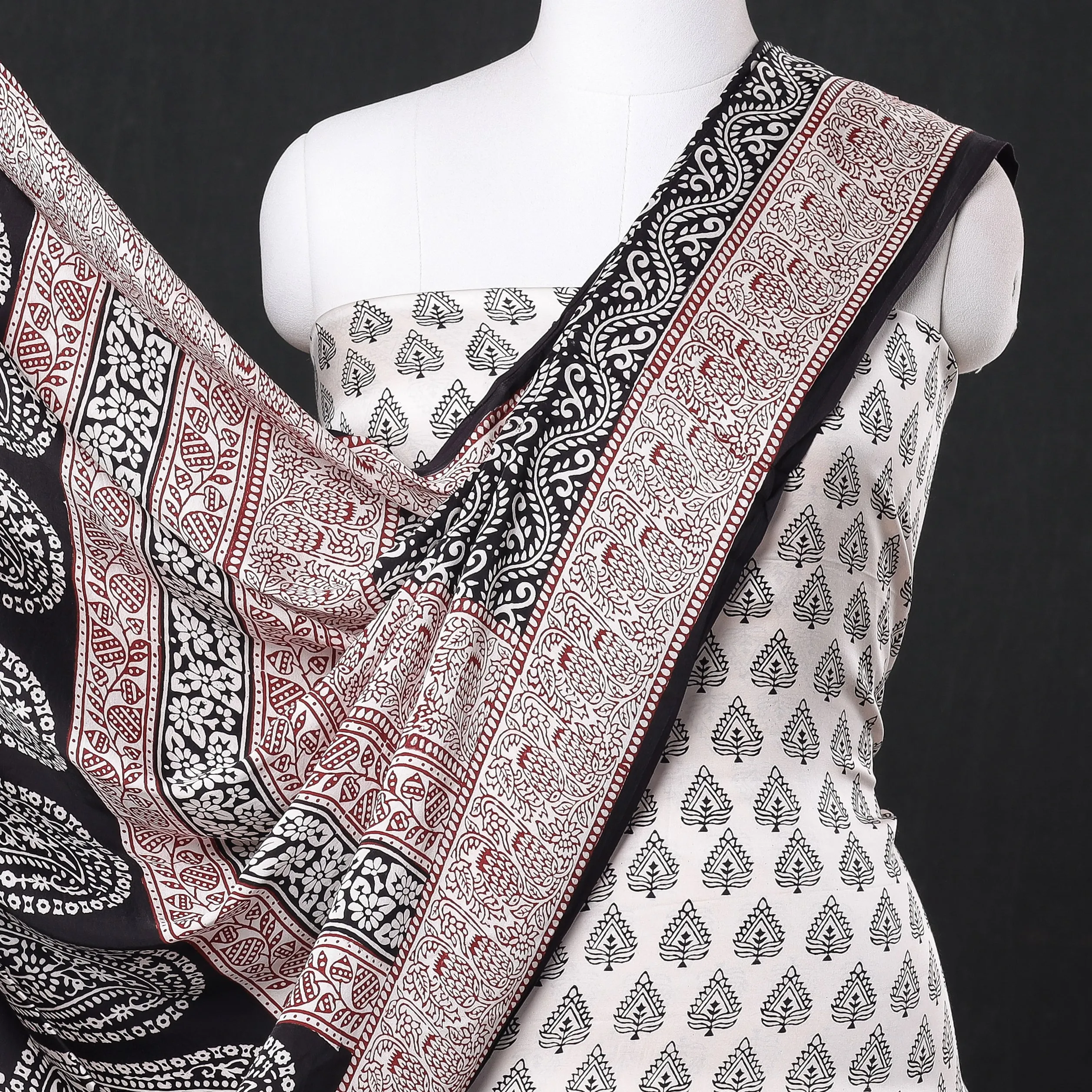 White - 3pc Bagh Block Printed Modal Silk Suit Material Set